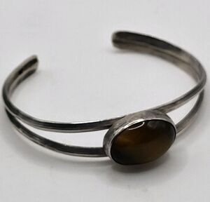 Sterling Silver 925 Tiger's Eye Cuff Bangle Bracelet 90s Minimalist Dainty 6in S
